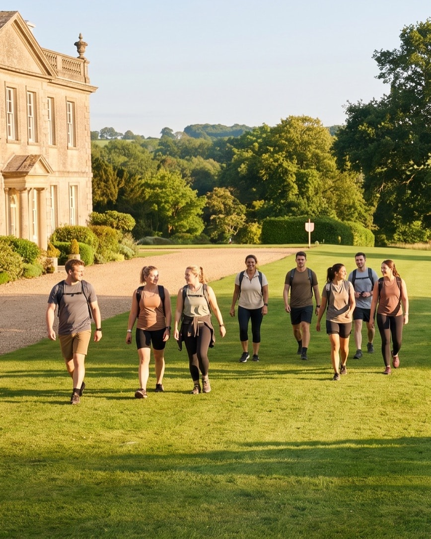 A team in sportswear walking across the lawn of an English country house